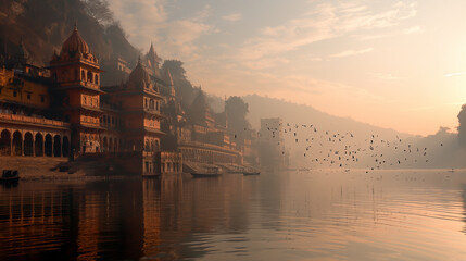 A serene shot of an Indian river with ghats and temples along the banks, capturing spiritual essence with copy space