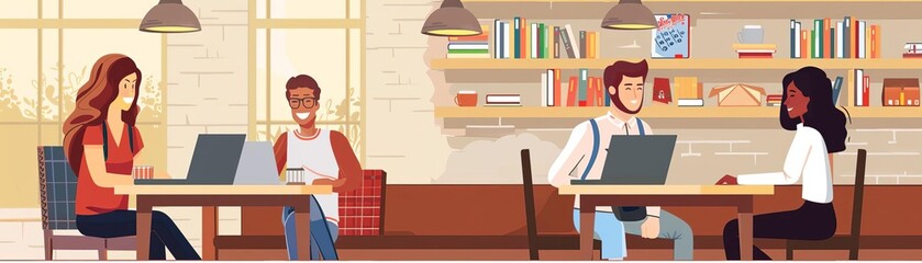 Graduate students in a coffee shop, laptops and books, flat design illustration