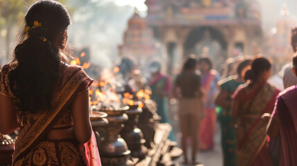 A group of people participating in a traditional Indian procession or religious ceremony with copy space