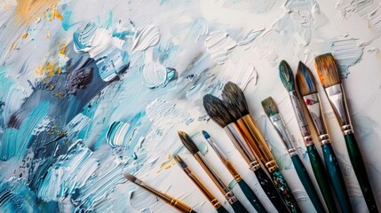 Fototapeta premium A neatly arranged set of artists brushes on a stark white canvas
