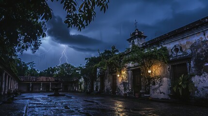 Night Storm in 1600 Colonial Guatemala: Rain, Thunder, and Lightning
