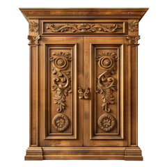 A large wooden cabinet with ornate carvings and a floral design