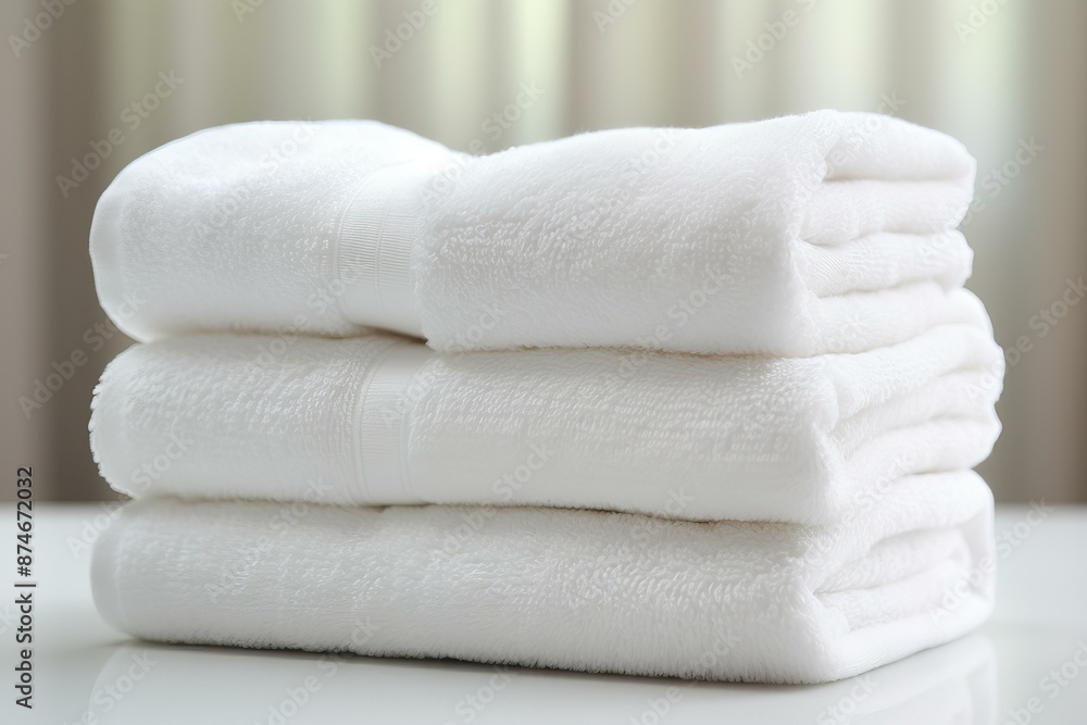 Poster neat stack of fluffy white towels sits on a table with a soft-focus background
