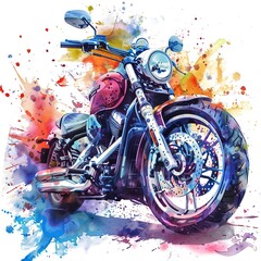 A colorful motorcycle with a splash of paint on it. The bike is parked on a road, and the splash of paint adds a sense of movement and energy