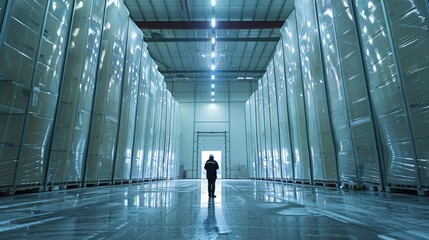Silhouette person in a large cold storage facility ensuring the safe handling of perishable goods