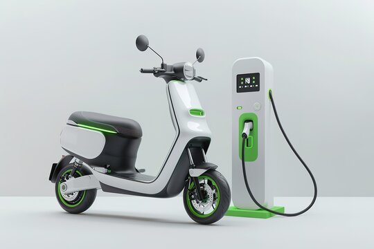 electric scooter and charging station, white background with green accents, in the product  