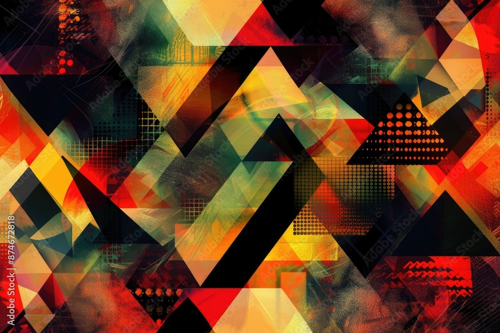 Poster dynamic abstract geometric design with vibrant colors, triangles, and patterns creating visual compl