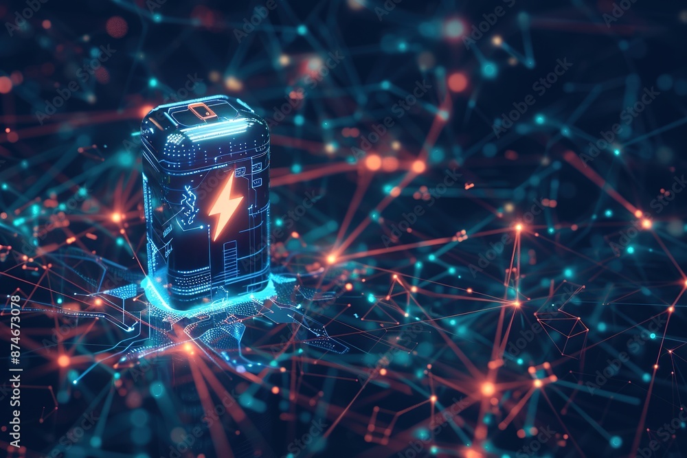Poster futuristic battery with lightning icon on it surrounded by glowing data points and network connectio