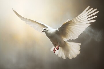 Obraz premium Serene white dove spreads its wings beautifully against a soft, golden background