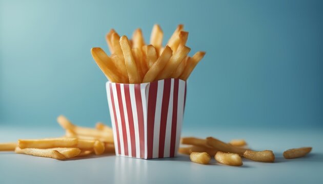 Fries on blue background with copy space