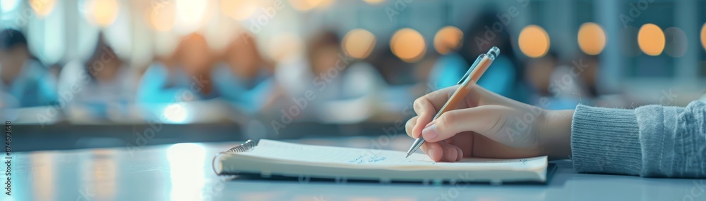 Poster close up of a hand writing in a notebook with blurred background.