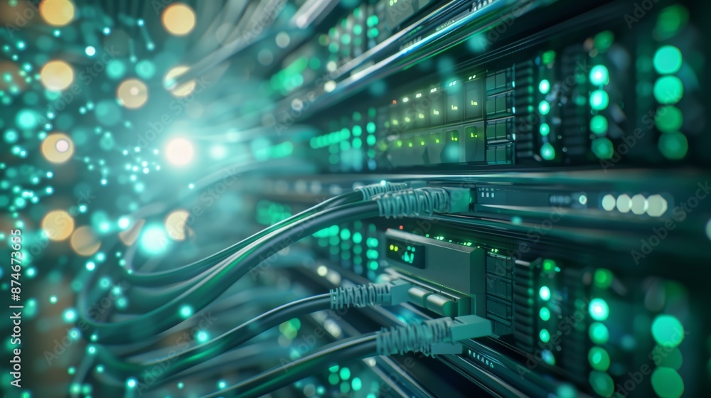 Poster close up of server rack with network cables and glowing lights, representing data transfer and conne