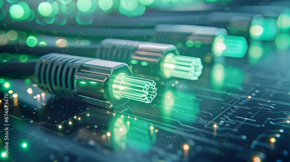 Poster close-up of ethernet cables plugged into a circuit board with glowing green light.