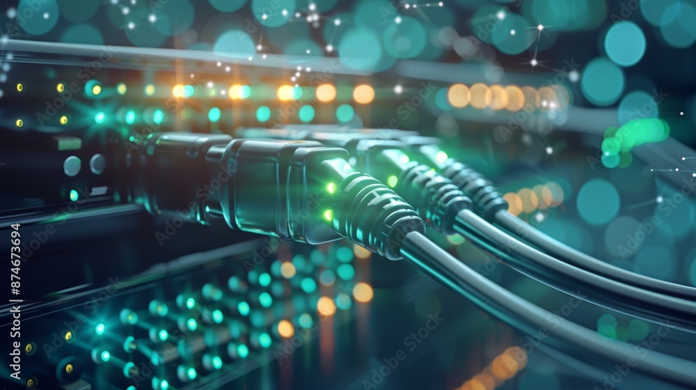 Poster close-up of network cables connected to server in a data center. green lights illuminate the cables 