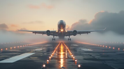 Airplane taking off on a runway with fog and lights.  The plane is in the foreground and the fog is in the background.  The lights are on the runway.