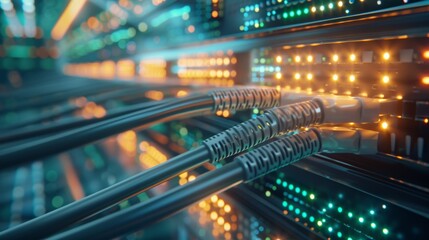 Close-up of network cables connected to a server rack in a data center. The cables are glowing with light, symbolizing the flow of information.