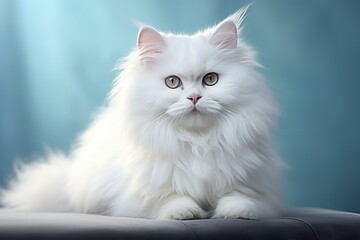 Fototapeta premium Elegant white longhair cat with piercing eyes sitting gracefully against a soft blue backdrop