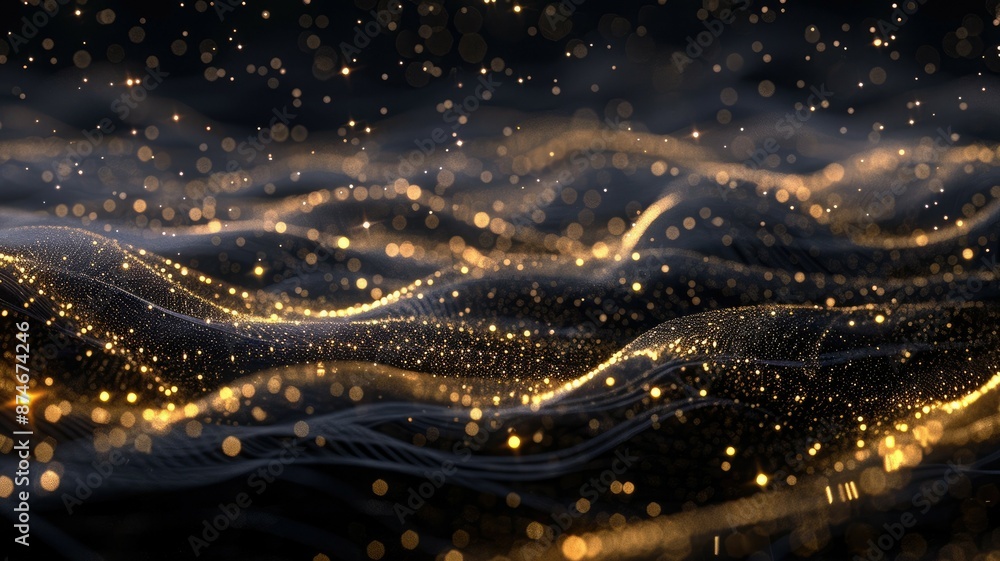 Poster dynamic and mesmerizing golden particle waves on a dark background, evoking a sense of elegance and 