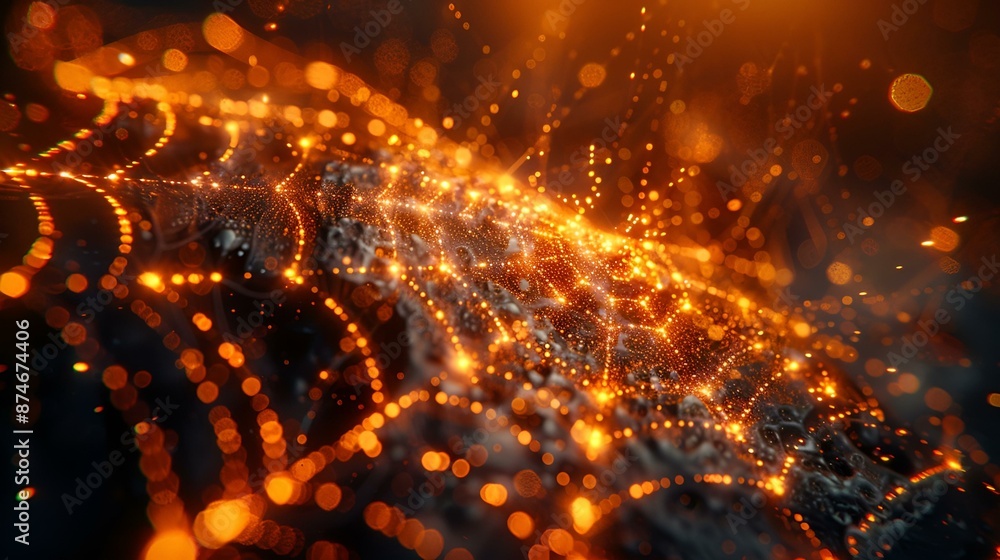 Poster bright orange web with glowing lights, creating a mesmerizing effect.