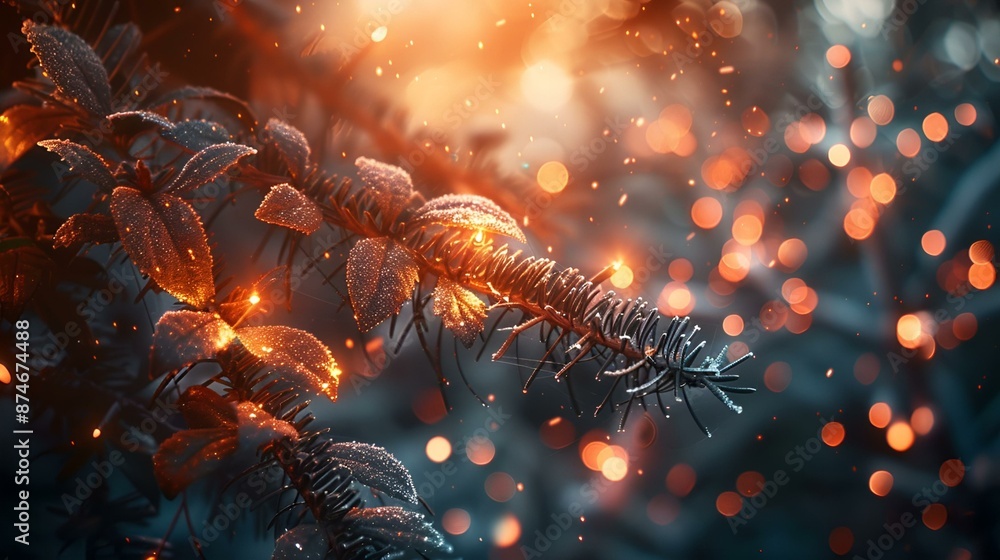 Poster illuminated tree branch with twinkling lights, creating a magical and enchanting atmosphere.