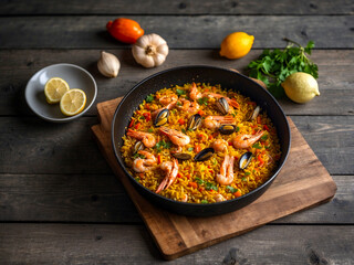 Savor Spain: Paella Feast on a Rustic Table 