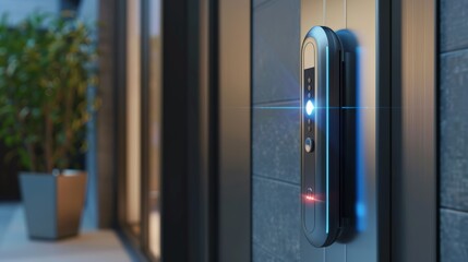 Modern door in front home or apartment, Safety technology, Digital touch screen keypad entry door lock, Smart device concept.