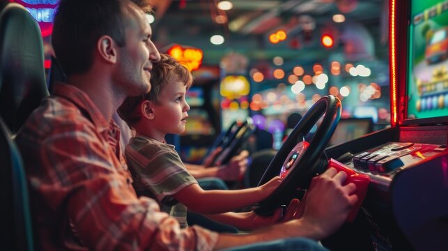 Happy family of father and son playing car racing game together at game zone, Enjoying entertainment activity together concept.