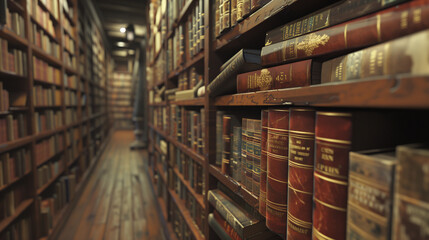 Fototapeta premium Background of an old library with rows of bookshelves