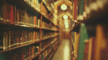 Obraz premium Background of an old library with rows of bookshelves