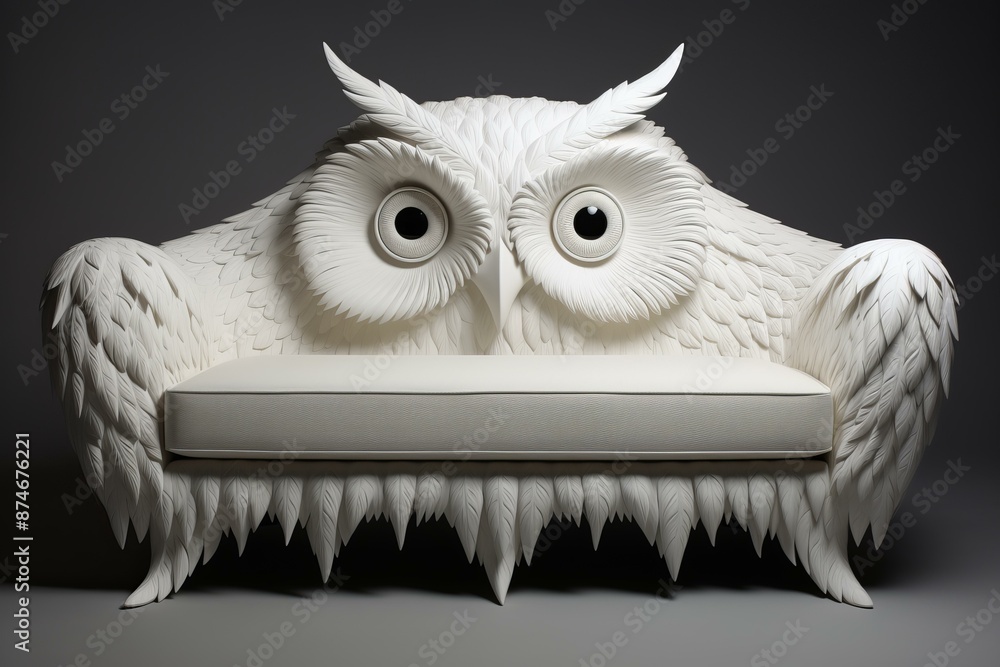 Poster artistic rendering of a white owl-shaped sofa with a whimsical design on a gray backdrop