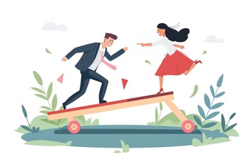 Fototapeta premium A man and woman balance on a seesaw in a vector illustration representing balance. The illustration depicts a businessman