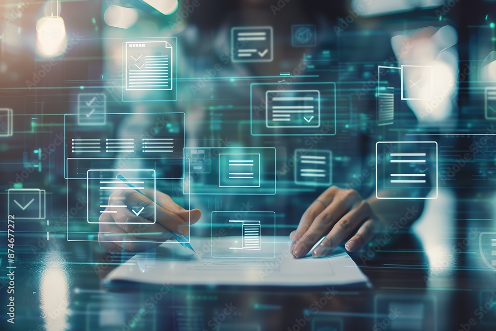 Poster a person is using an online platform to complete forms surrounded by virtual documents in a data tec