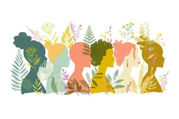 Fototapeta premium An illustration of diverse women's faces in profile, each with their own unique style and expression. background is white to highlight