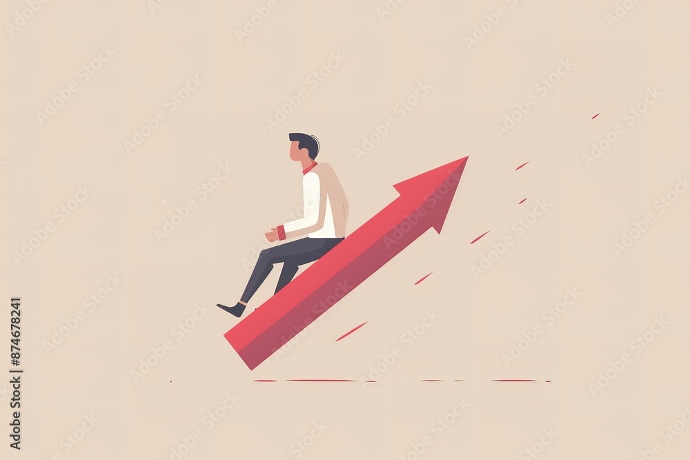 Poster flat vector minimal illustration of a businessman riding on a red arrow going down, using simple sha