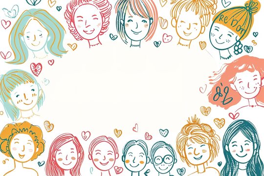 line art illustration of a simple doodle, hand drawn in a minimalist cartoon style for a women's day card design in the center on a background
