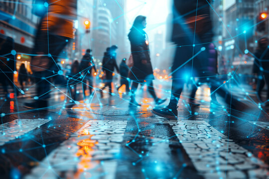 Busy urban street with blurred walking people and digital overlay at sunset