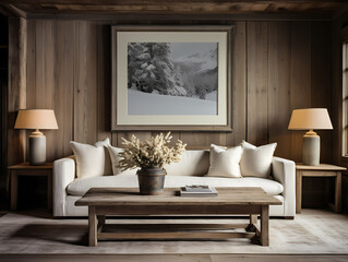 Cozy rustic living room with wooden walls, comfortable white sofa, and ambient lighting from table lamps.