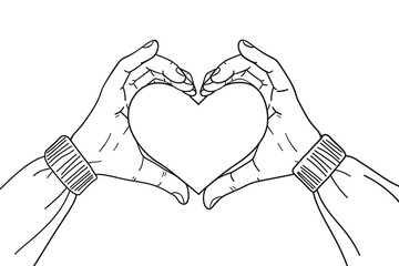 Fototapeta premium Two hands making a heart shape, this simple vector black and white line art illustration no background details.