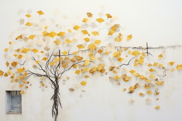 Wall art mural depicting a stylized tree with vibrant yellow and beige leaves