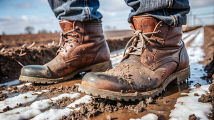 Close-up of a farmer's muddy boots