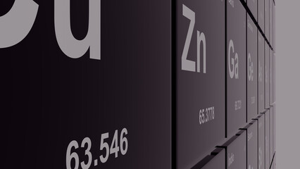 Partially graphic representation second third fourth and fifth column of the periodic table in black and white colors in 3d