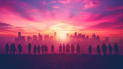 Silhouette of a group of people standing on a city background at sunset