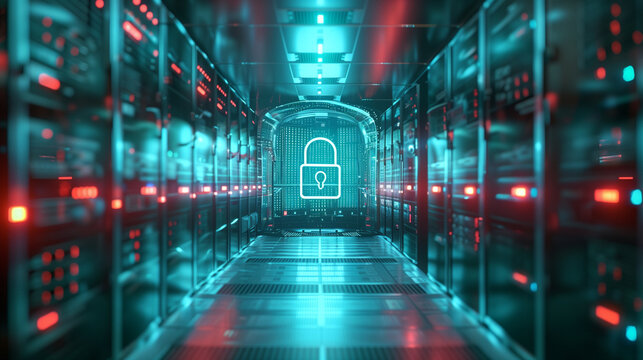 Hologram of digital security lock in modern server room