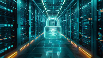 Hologram of digital security lock in modern server room