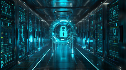 Hologram of digital security lock in modern server room