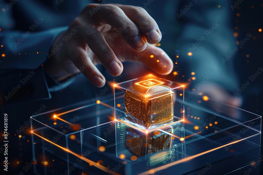 Poster close up of a businessman's hand checking a jewelry box a transparent screen with multiple checkered