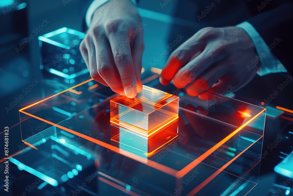 Poster business concept technology digital network hand man innovation futuristic future information connec