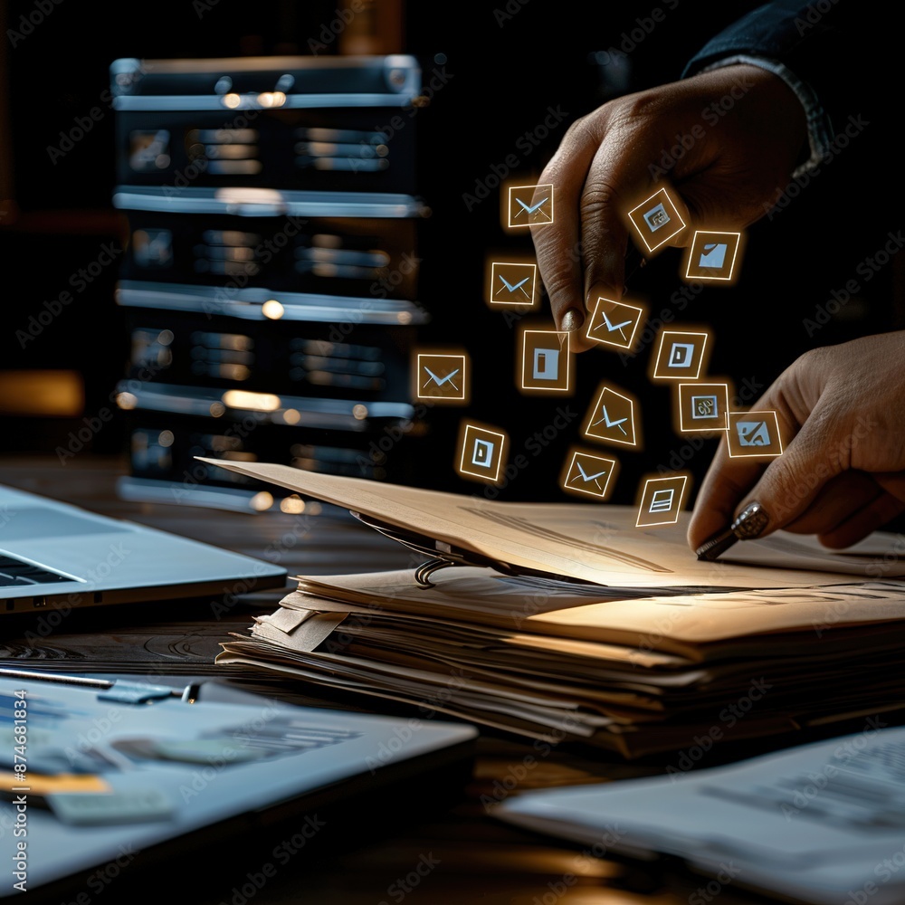 Fototapete digital document management system with hand interacting on digital documents and check icons floati