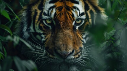 A tiger is staring at the camera with its eyes wide open