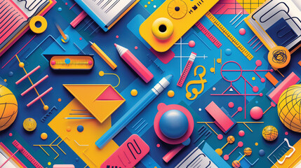Dynamic Back-to-School Background with Colorful Geometric Shapes and Symbols